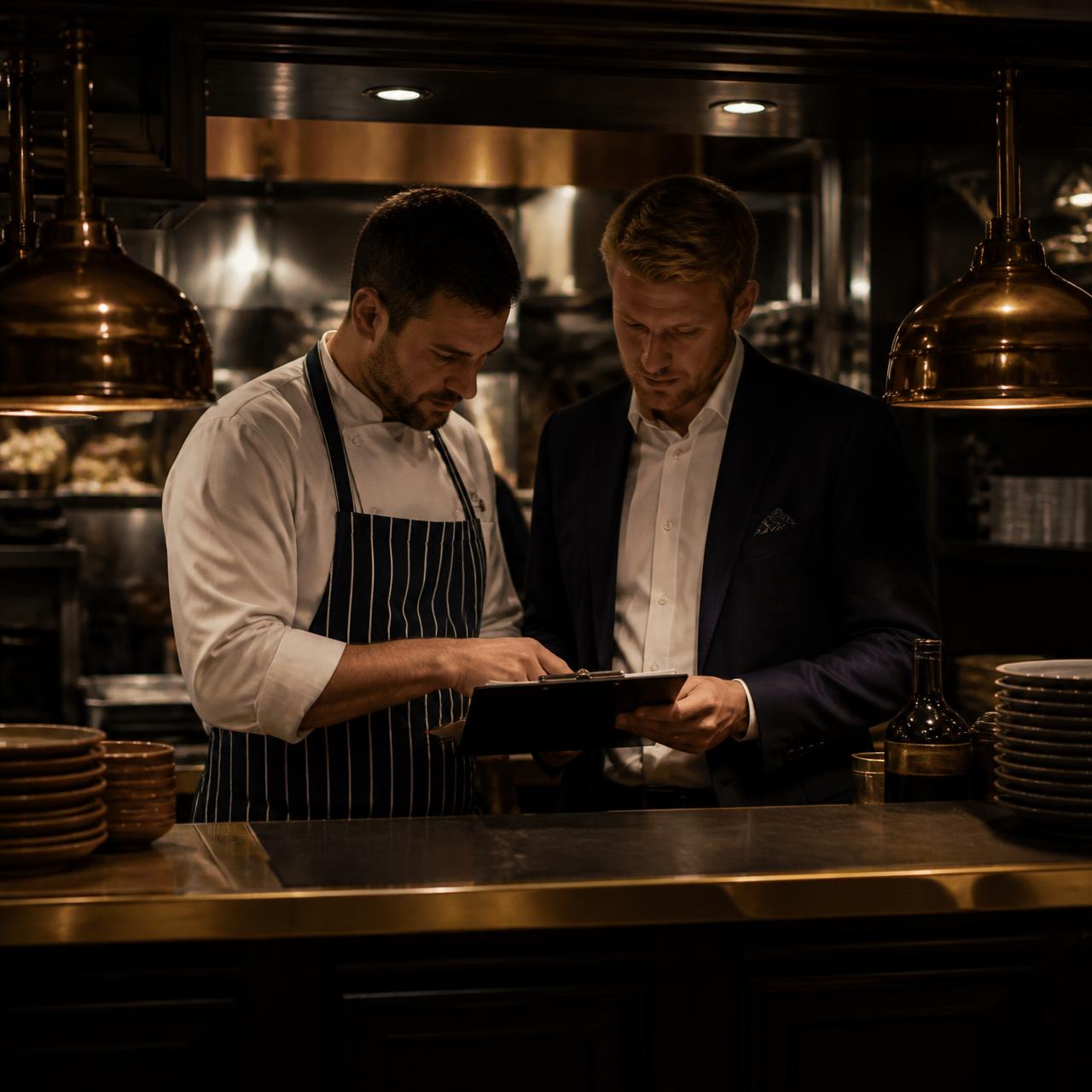 A venue manager reviewing trading figures with a chef on the service pass