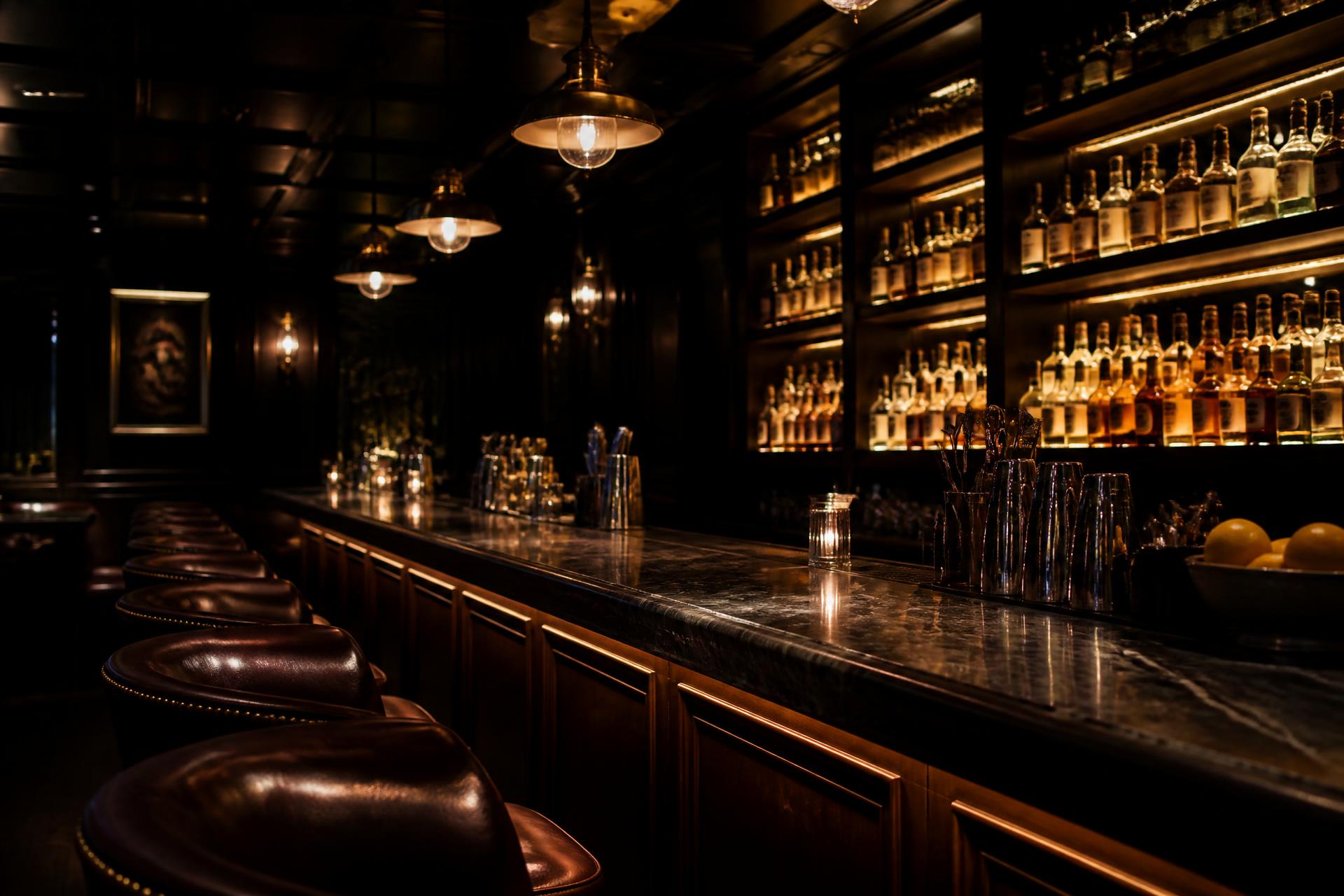 Dimly lit premium cocktail bar with brand detailing and a marble bar top